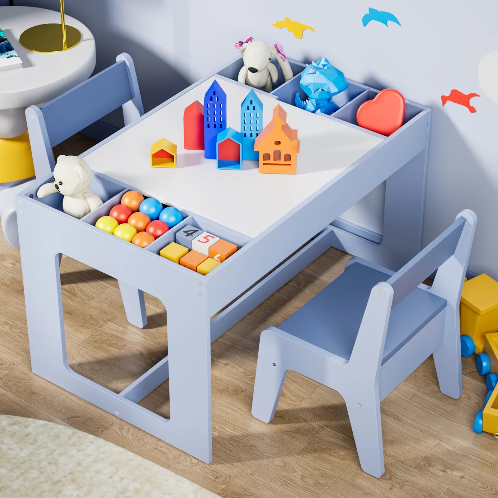 Ensemble Table 3 en 1 pour enfants, avec 2 chaises et espaces de rangement